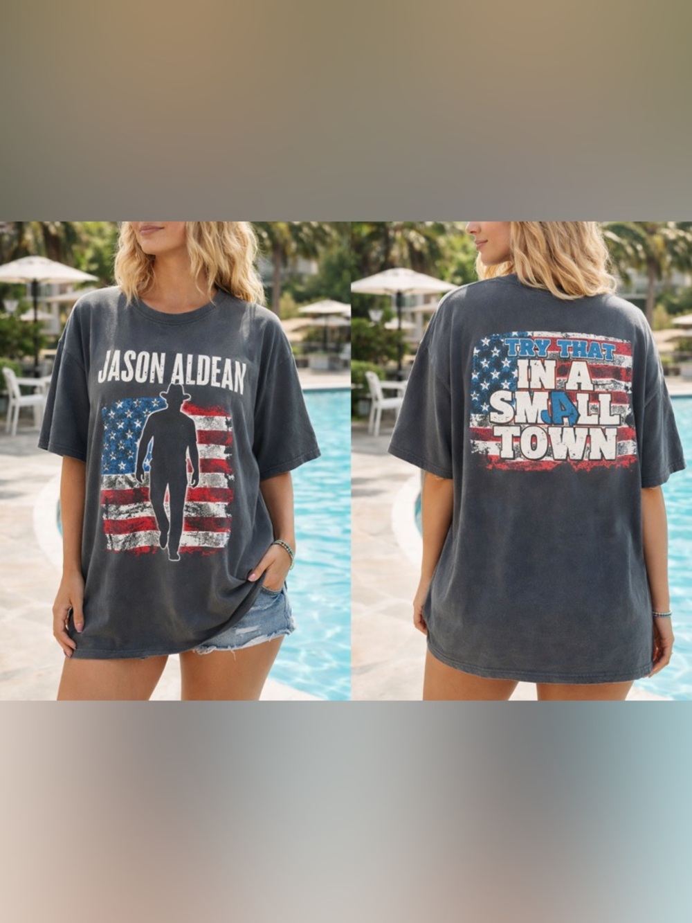 Jason Aldean Concert T-Shirt XL Blue Gray USA Flag Graphic Country Music Tee